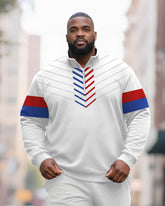 Big & Tall Men's Red And Blue Striped Contrast Printed POLO Collar Zipper Long Sleeve Pants Two-piece Set